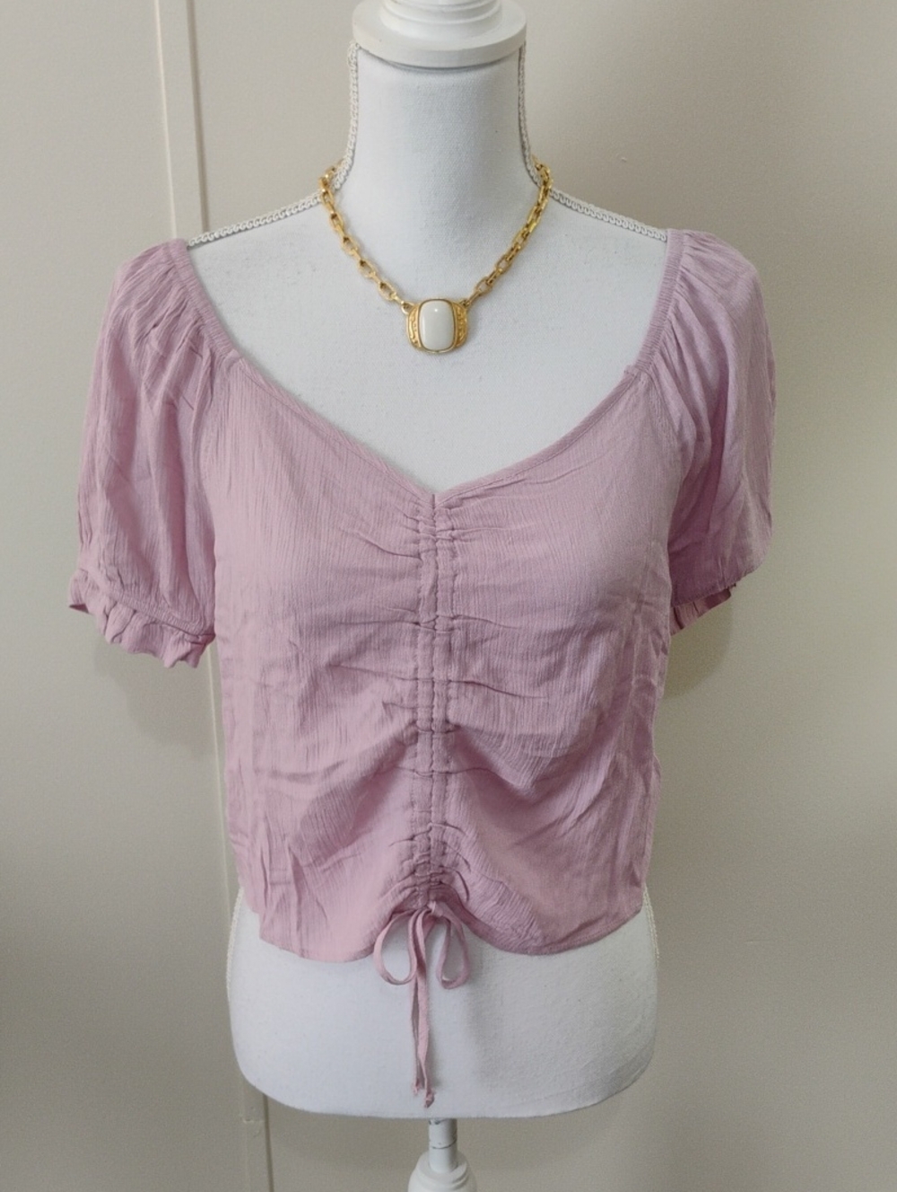 Pink Rose Ruched Drawstring Crop Top - Light Pink